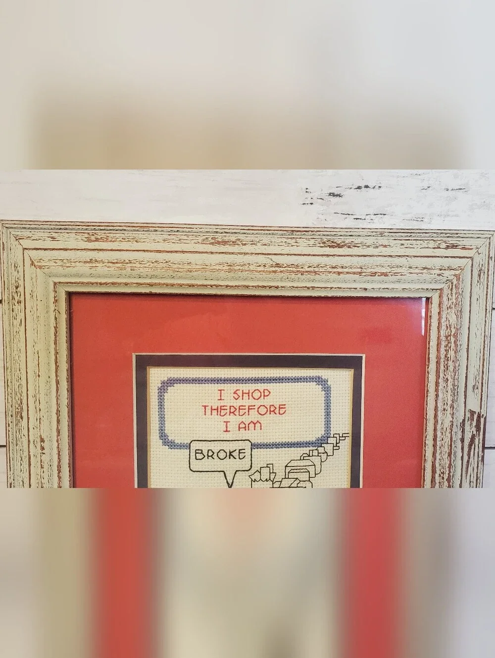 Vintage Cathy Cross Stitch Needlepoint Framed Humor Art Cottagecore Grandmacore